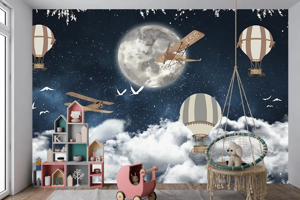 Çocuk Odası Duvar Kağıdı Ay Üzerinde Balonlar Ve Uçaklar