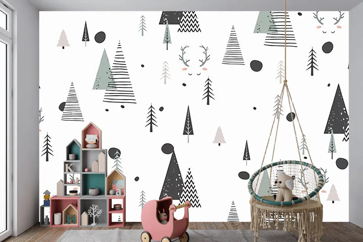 Çam Ağaçları Beyaz Arka Plan Çocuk Bebek Odası Duvar Kağıdı