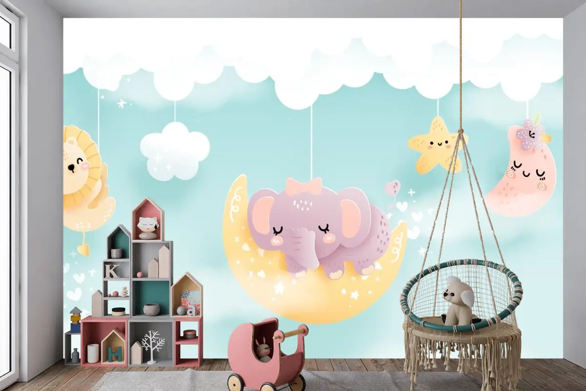 Çocuk Odası Duvar Kağıdı Bulut Üzerinde Sevimli Hayvanlar