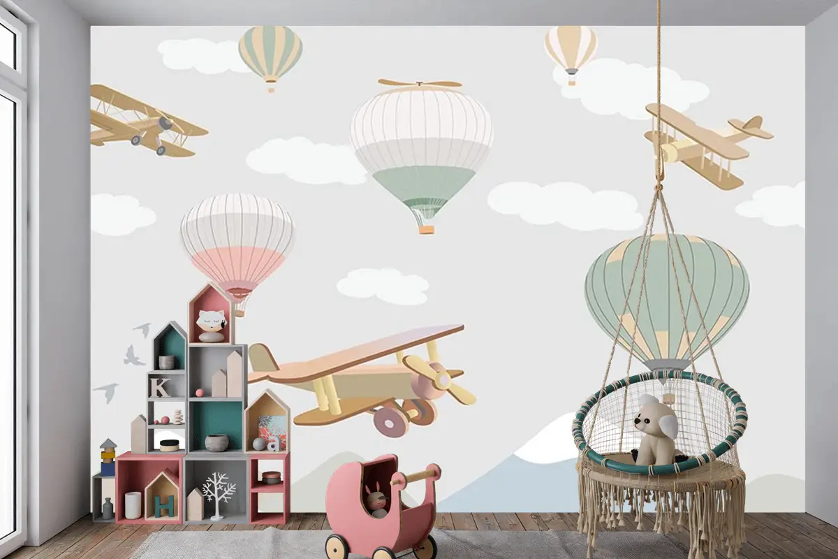 Çocuk Odası Duvar Kağıdı Bulutlar Üzerinde Uçaklar Ve Uçan Balonlar