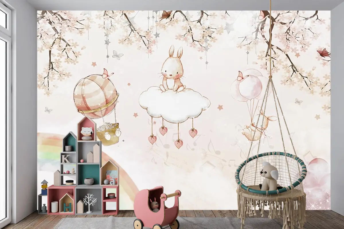 Çocuk Odası Duvar Kağıdı Gökyüzünde Sevimli Tavşanlar