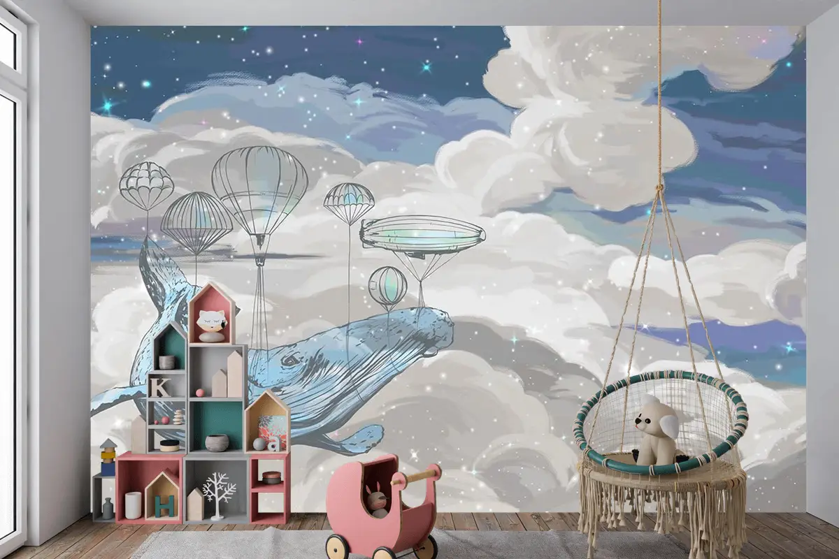 Çocuk Odası Duvar Kağıdı Gökyüzünde Uçan Balina