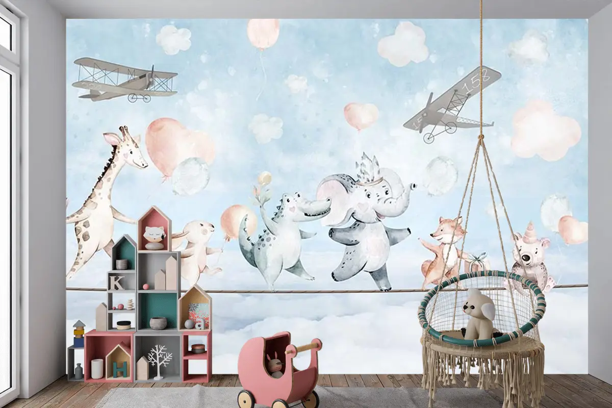 Çocuk Odası Duvar Kağıdı Ip Üzerinde Hayvanlar