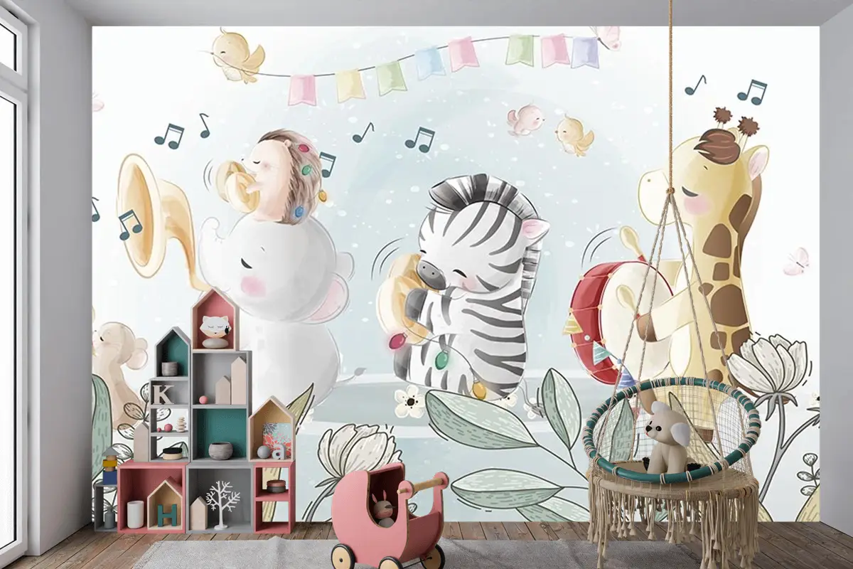 Çocuk Odası Duvar Kağıdı Müzik Çalan Sevimli Hayvanlar
