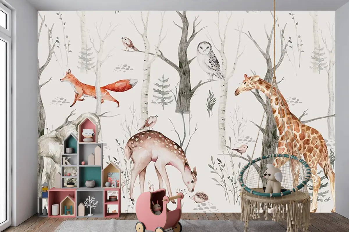 Çocuk Odası Duvar Kağıdı Ormanda Fil Zürafa