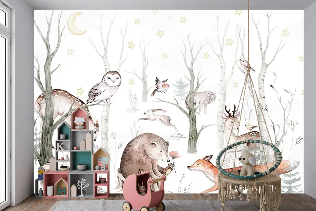 Çocuk Odası Duvar Kağıdı Ormandaki Sevimli Hayvanlar