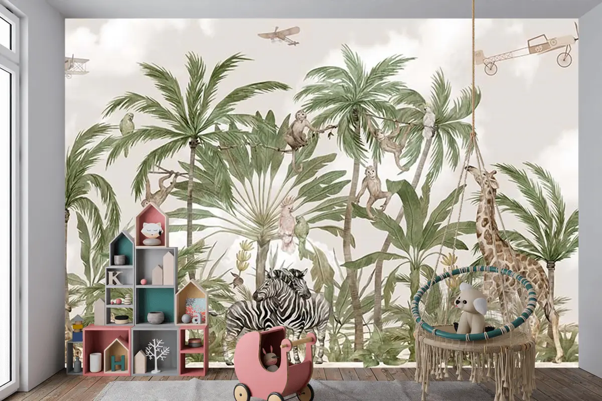 Çocuk Odası Duvar Kağıdı Safari Hayvanları Ve Tropikal Ağaçlar