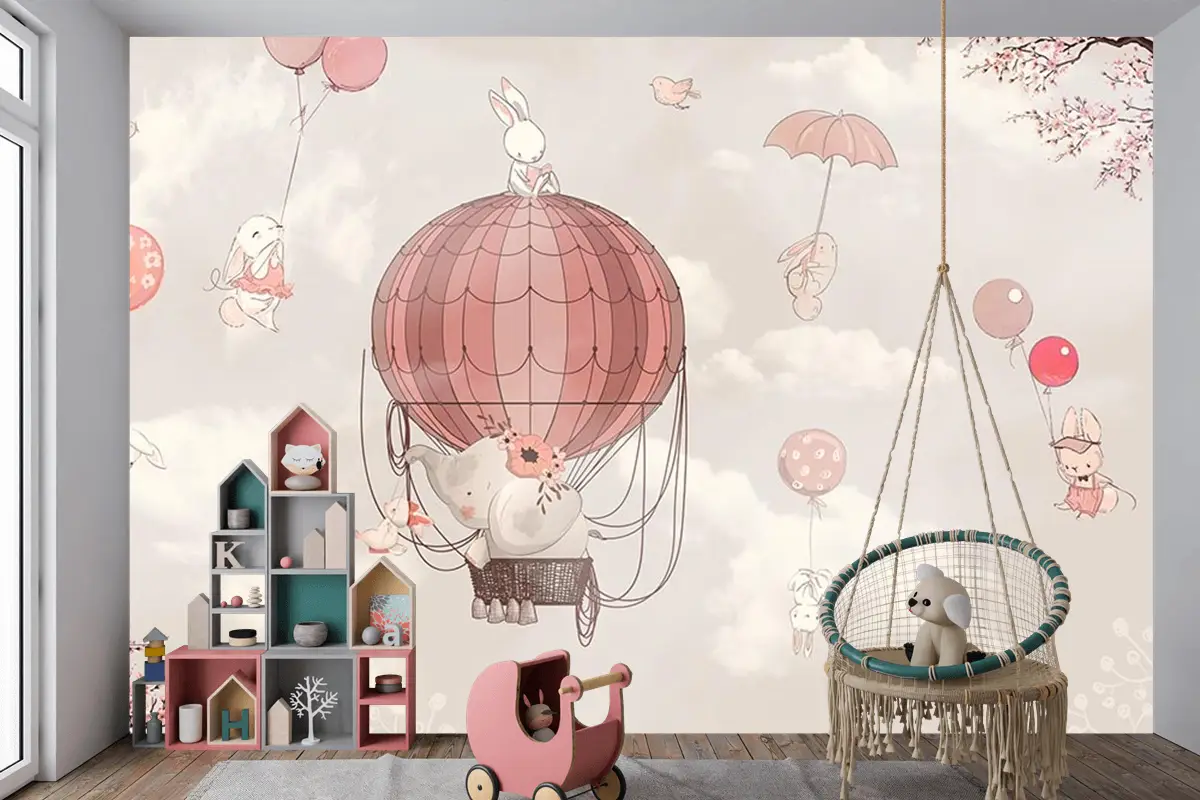 Çocuk Odası Duvar Kağıdı Uçan Balonlar Ve Sevimli Tavşanlar