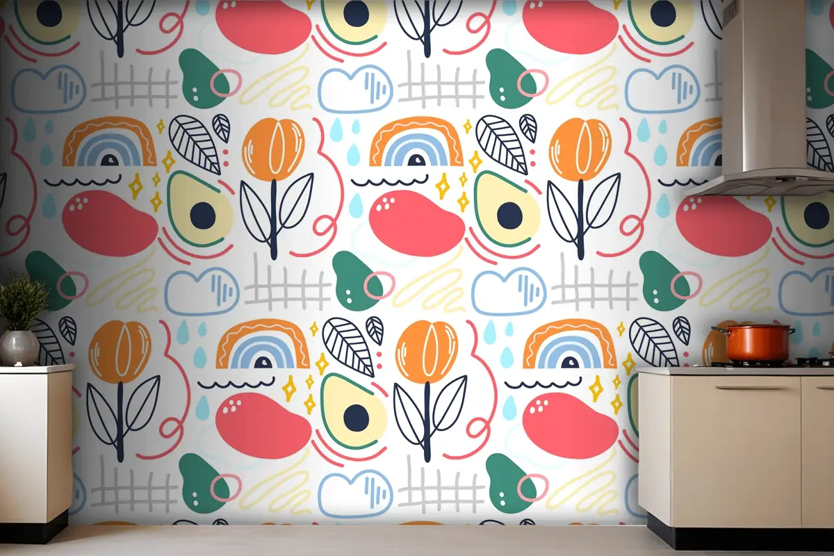 Renkli Soyut Organik Şekiller Mutfak Duvar Kağıdı 