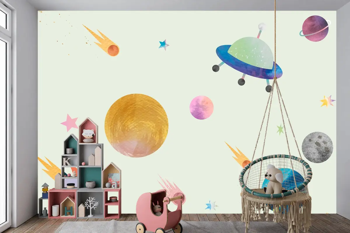 Sevimli Suluboya Tarzında Renkli Galaksi Desenli Arka Plan Çocuk Odası Duvar Kağıdı