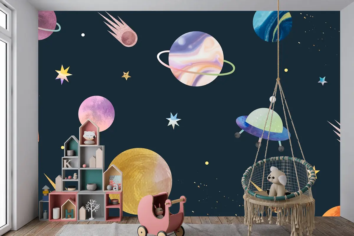 Siyah Çocuk Odası Duvar Kağıdı Duvar Üzerine Renkli Galaksi Suluboya Doodle