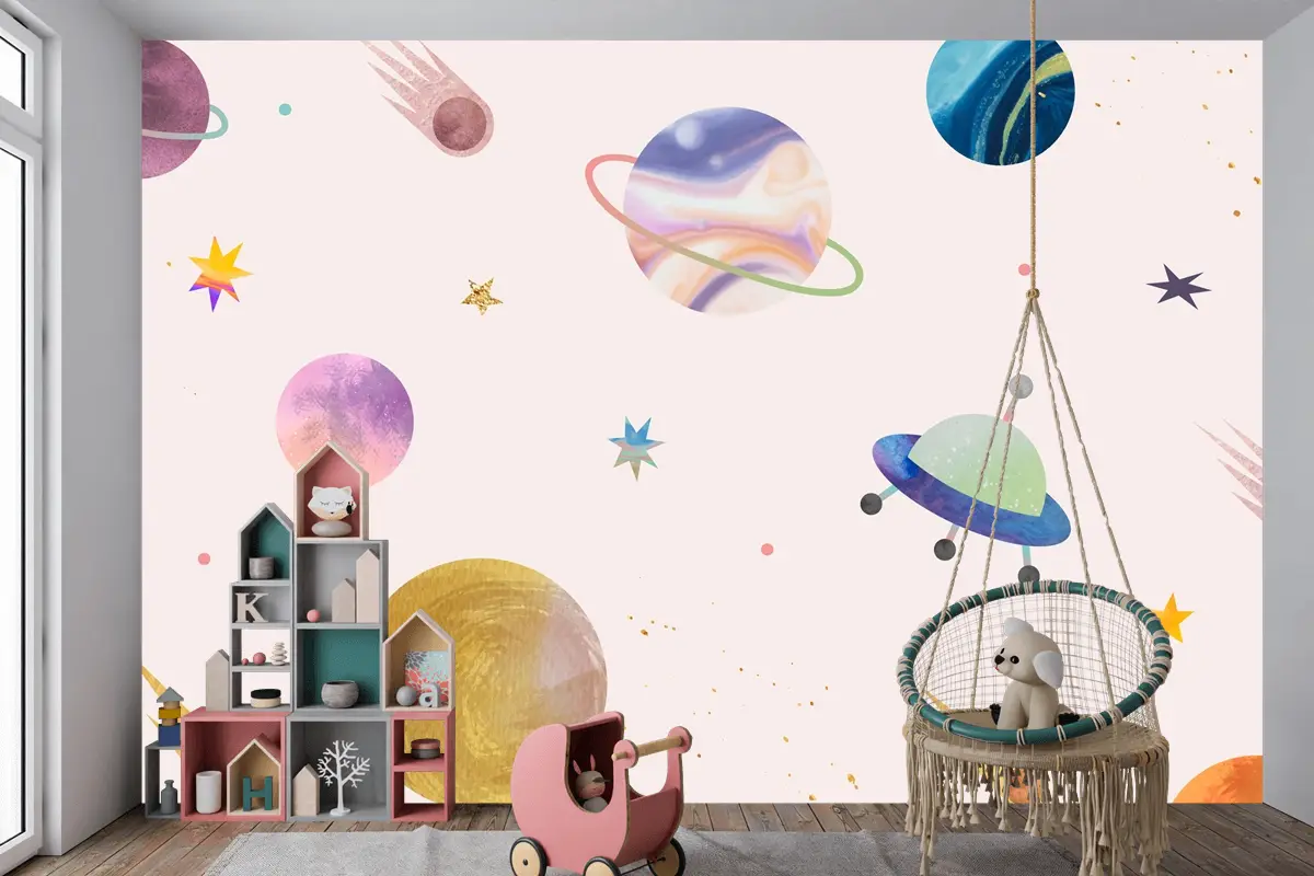 Pastel Arkaplanda Renkli Galaksi Suluboya Doodle Çocuk Odası Duvar Kağıdı