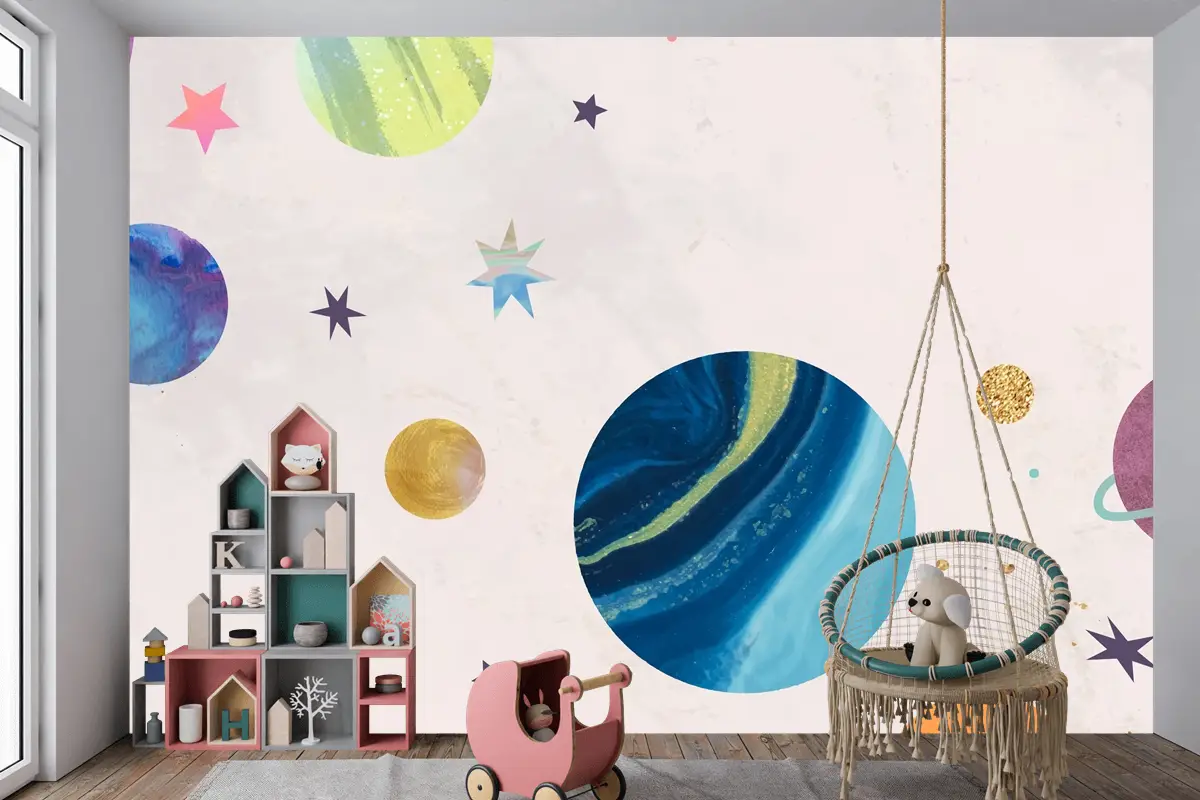 Pastel Çocuk Odası Duvar Kağıdı Duvar Üzerine Renkli Galaksi Suluboya Doodle