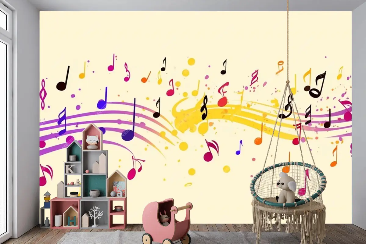 Renkli Müzik Notaları Sarı Arka Plan Çocuk Odası Duvar Kağıdı