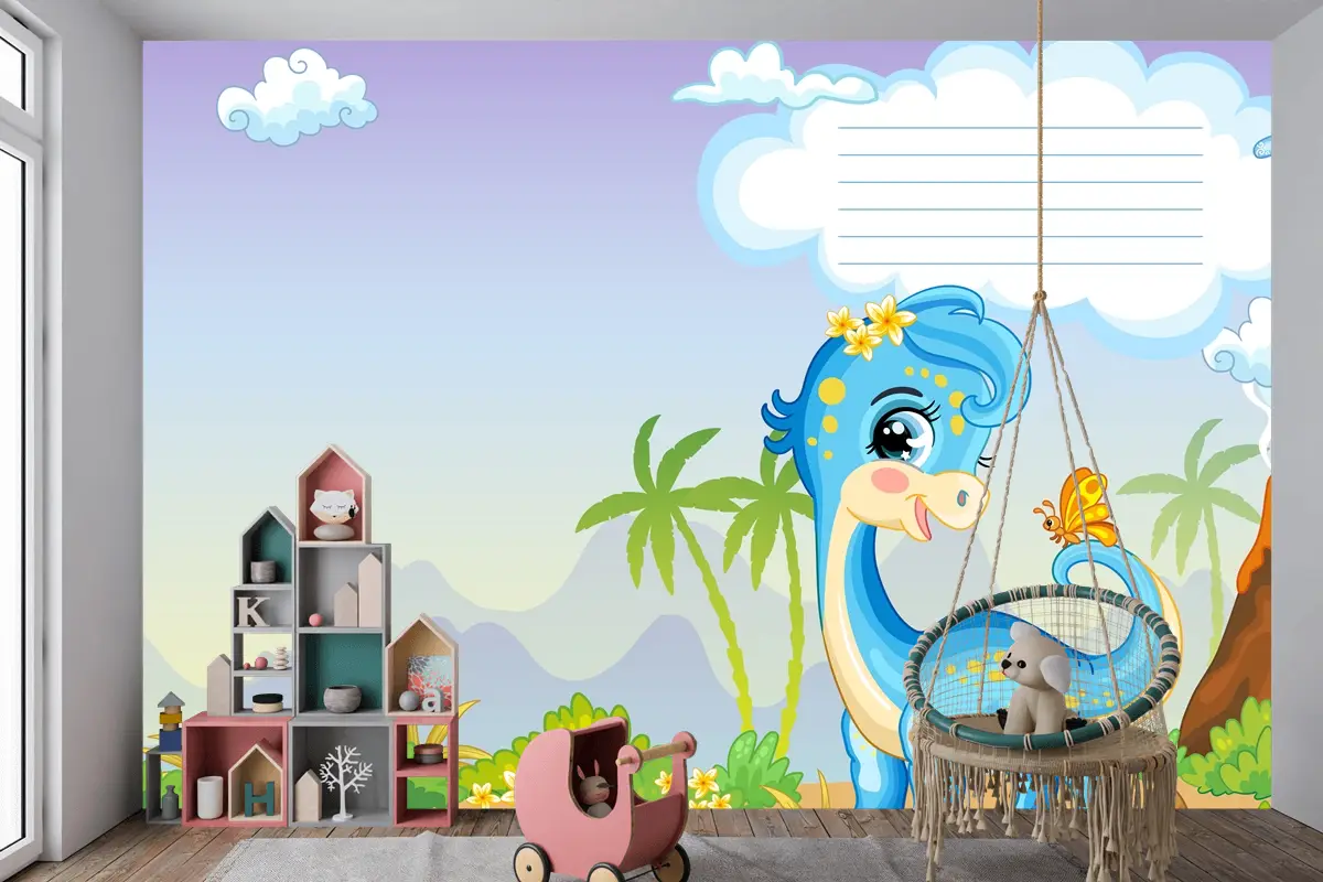 Sevimli Dinozor Mavi Diplodocus Çocuk Odası Duvar Kağıdı Ile Defter Kapağı