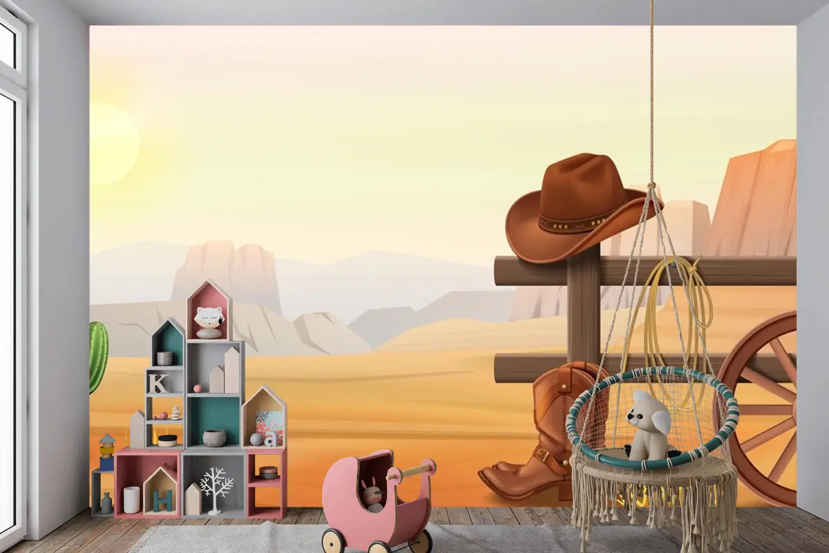 Çitin Üzerinde Kovboy Çizmeleri Ve Şapka Çocuk Odası Duvar Kağıdı