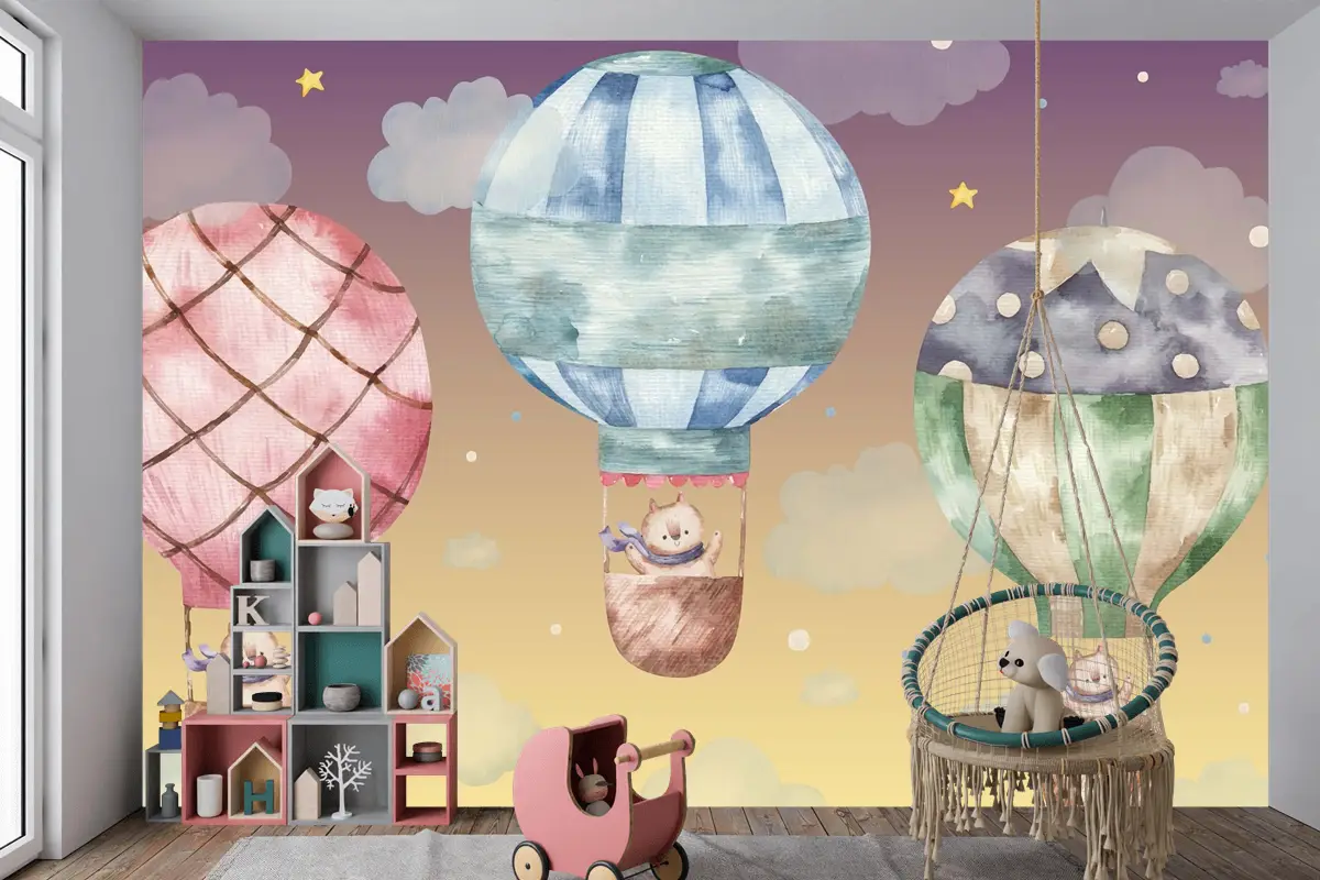 Renkli Balonların Üzerinde Uçan Sevimli Kahverengi Kedi Çocuk Odası Duvar Kağıdı