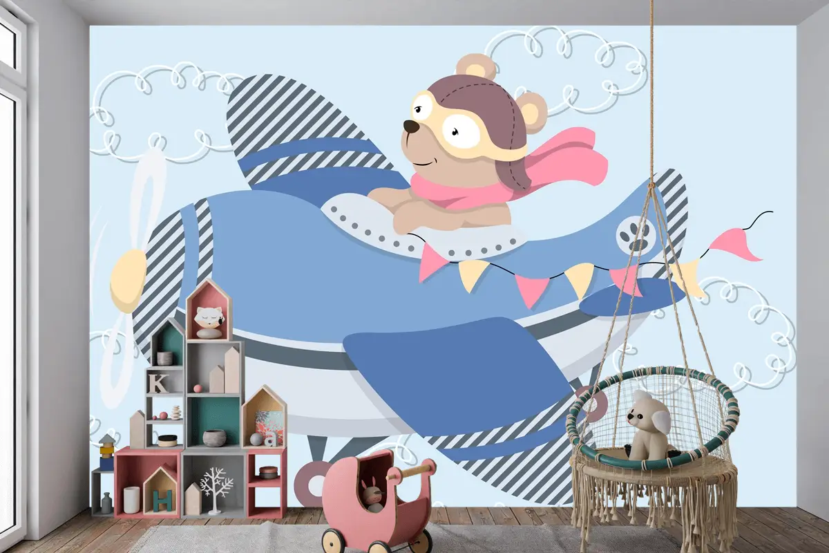 Aviator Gözlüklü Sevimli Karikatür Ayıcık Vintage Uçakta Uçan Deri Kask Ve Eşarp Çocuk Odası Duvar Kağıdı