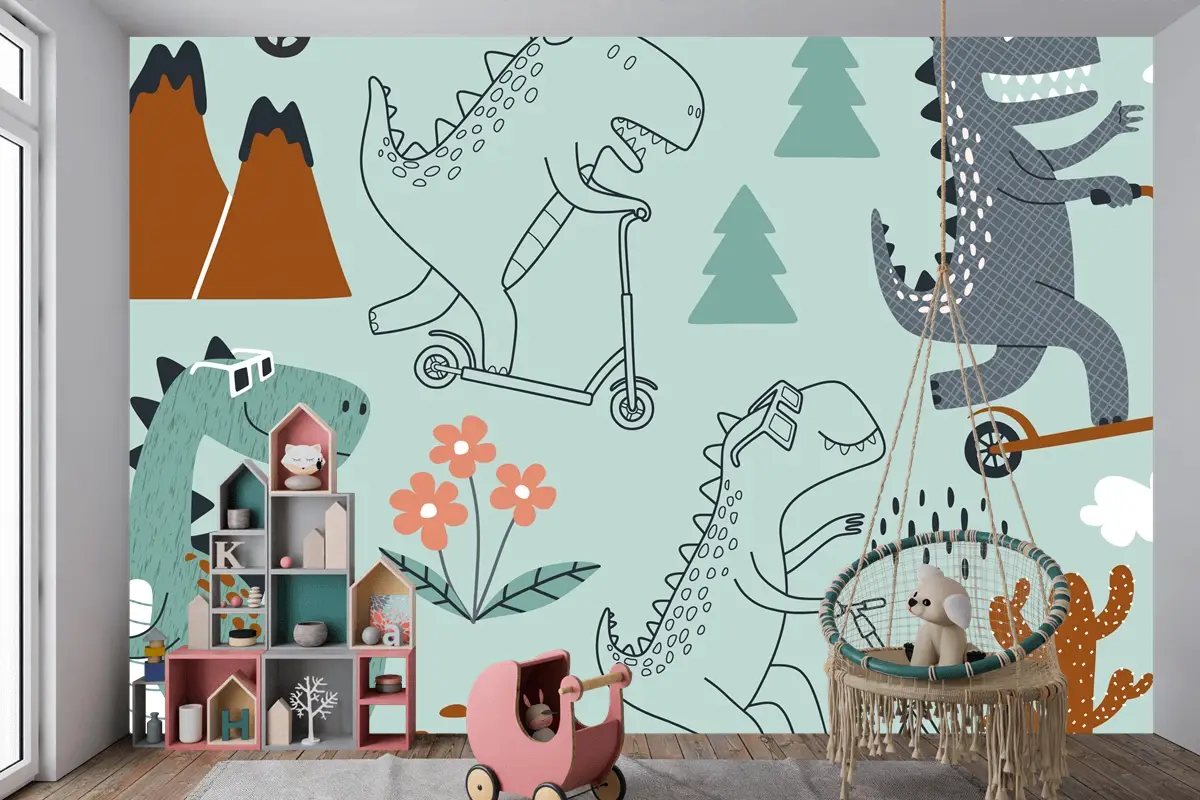 Sevimli Dinozor Scootera Biniyor Çocuk Odası Duvar Kağıdı