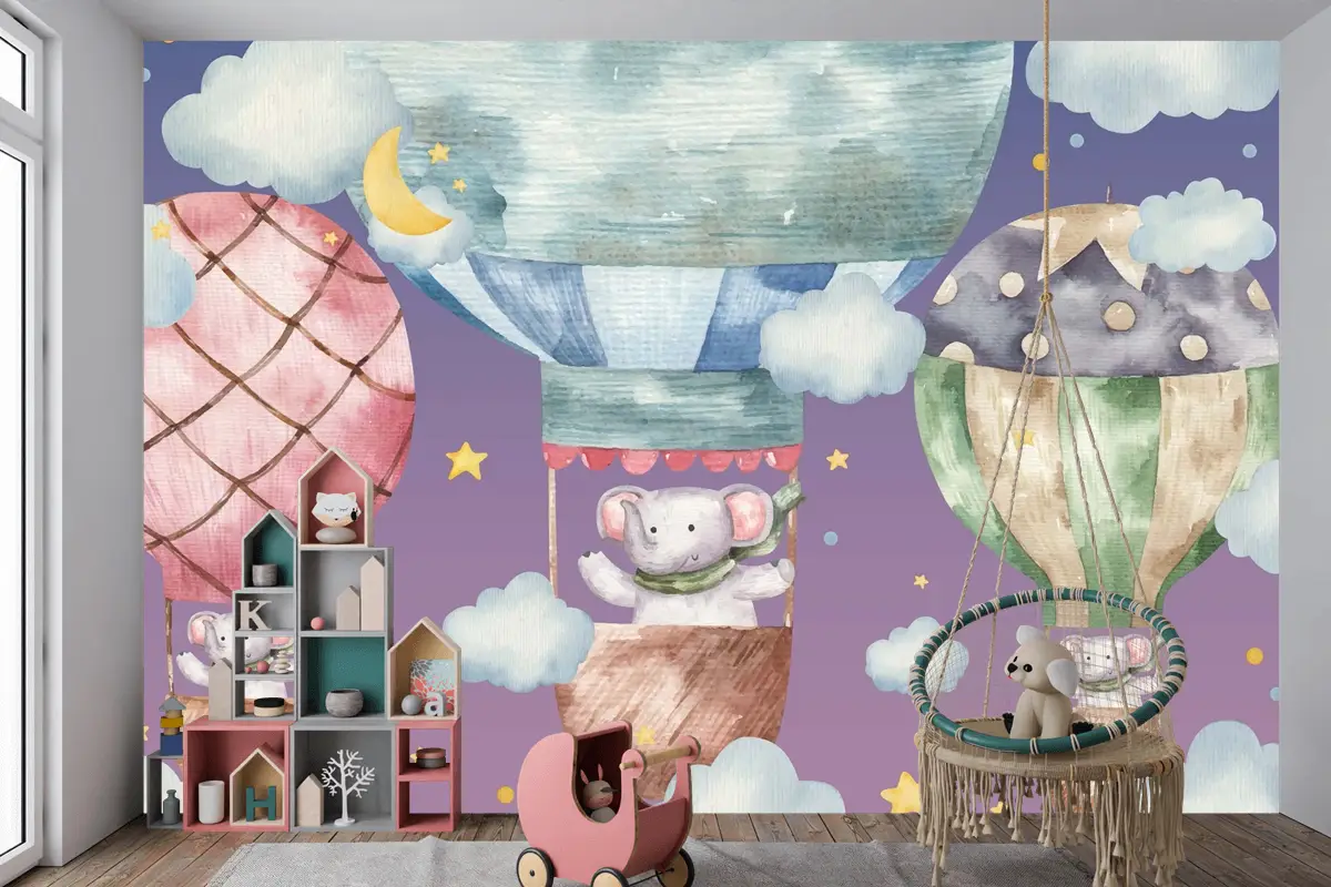 Sevimli Fil Renkli Balonların Üzerinde Uçar Çocuk Odası Duvar Kağıdı