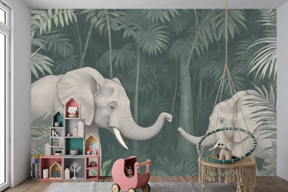 Tropikal Ormandaki Sevimli Filler Çocuk Odası Duvar Kağıdı
