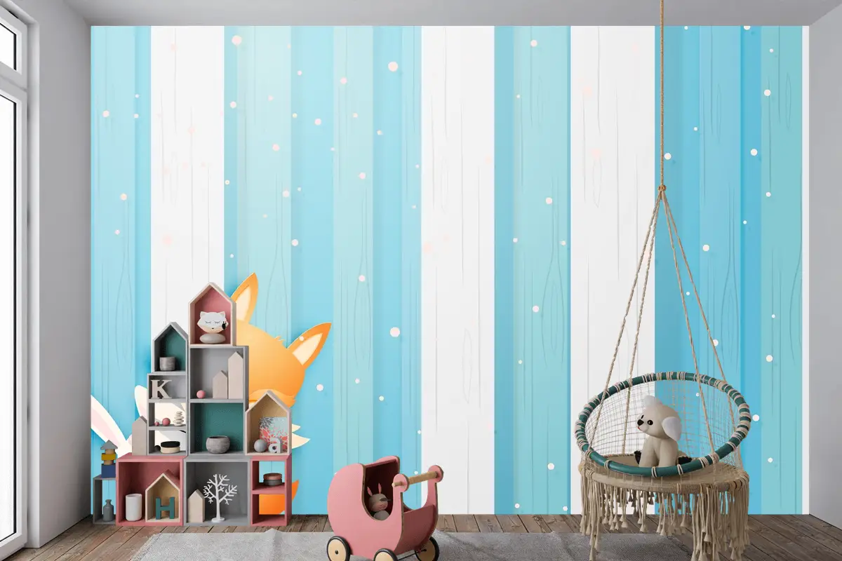 Kağıt Sanat Tarzı Pastel Düzeni Çocuk Odası Duvar Kağıdı Ile Ahşapta Sevimli Tilki Ve Tavşan