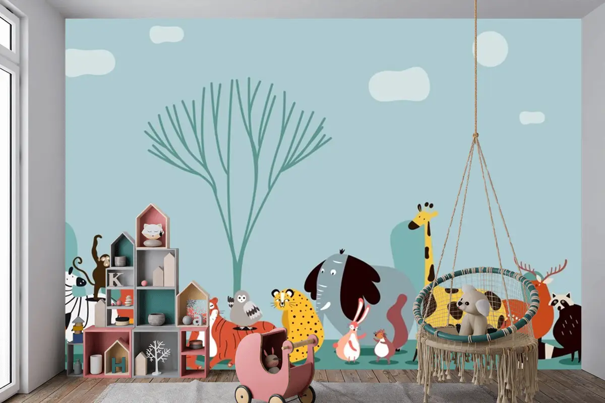 Vahşi Hayvanların Sevimli Grubu Çocuk Odası Duvar Kağıdı