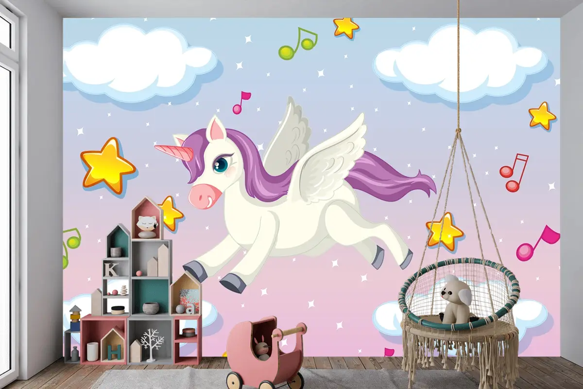 Pastel Gökyüzünde Uçan Mor Yeleli Sevimli Pegasus Çocuk Odası Duvar Kağıdı