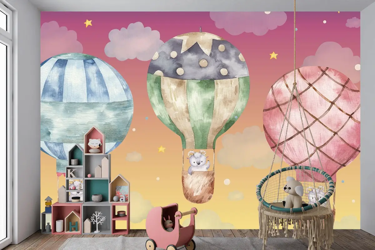 Renkli Balonlar Üzerinde Uçan Sevimli Koç Çocuk Odası Duvar Kağıdı