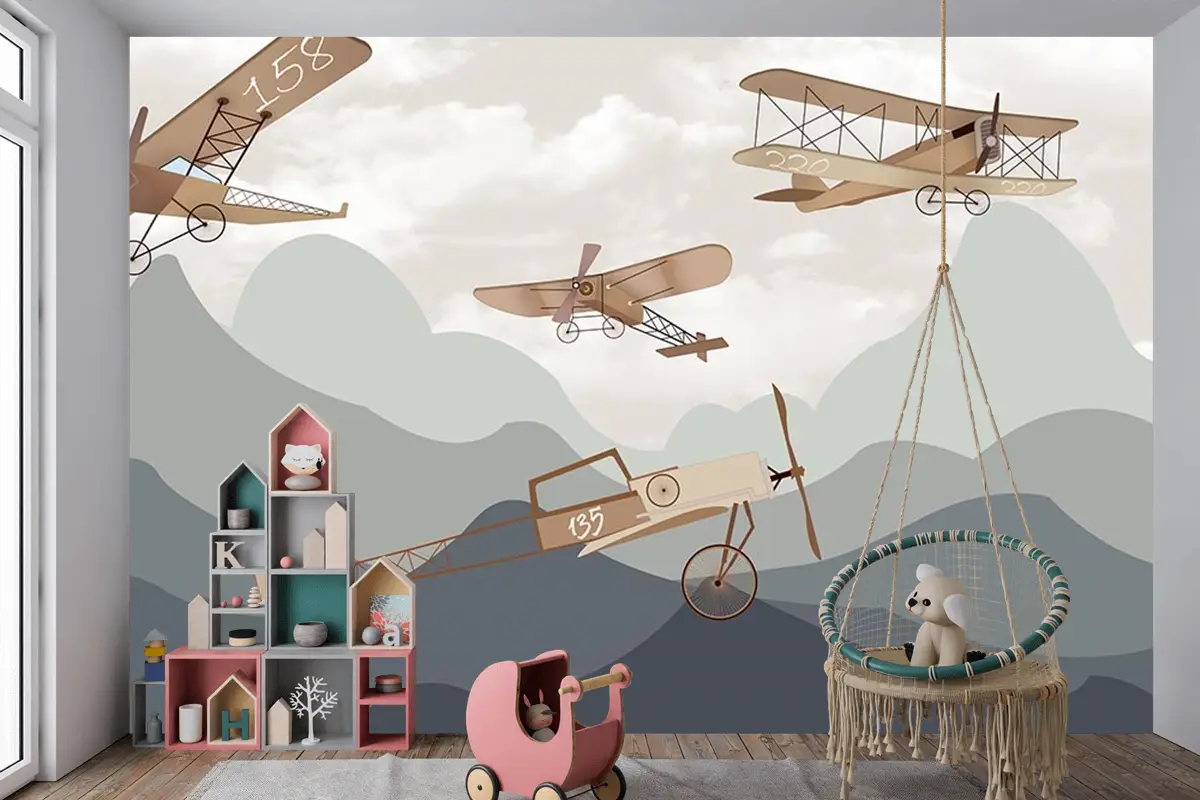 Dağlar Ve Kanatlı Uçaklar Çocuk Odası Duvar Kağıdı