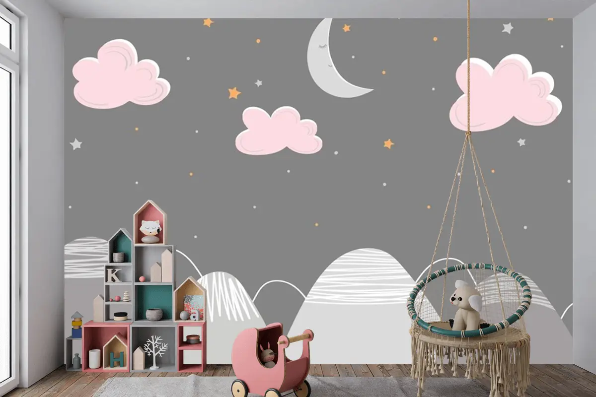 Dağ Manzarası Bulutlar Ve Uyuyan Ay Çocuk Odası Duvar Kağıdı  Ile İskandinav Tarzında Dekor