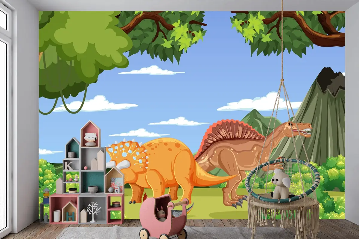 Tarih Öncesi Orman Sahnesinde Dinozor Çocuk Odası Duvar Kağıdı 