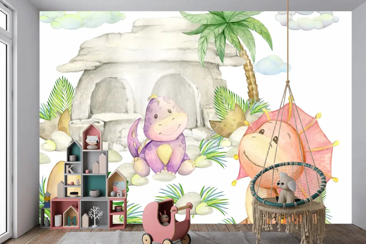 Dinozorlar Bir Taş Ev Bir Palmiye Ağacı Çocuk Odası Duvar Kağıdı