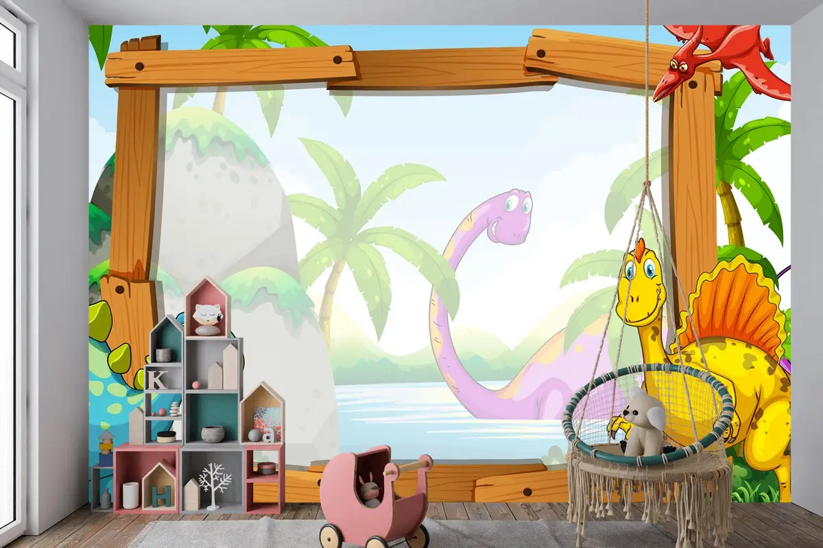 Ahşap Çerçeveli Dinozorlar Çocuk Odası Duvar Kağıdı 
