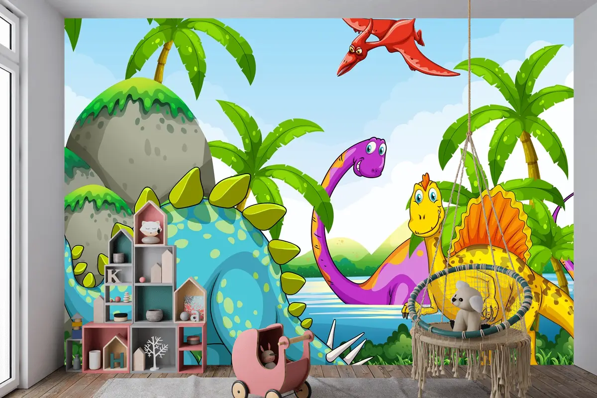 Ormanda Yaşayan Dinozorlar Çocuk Odası Duvar Kağıdı 