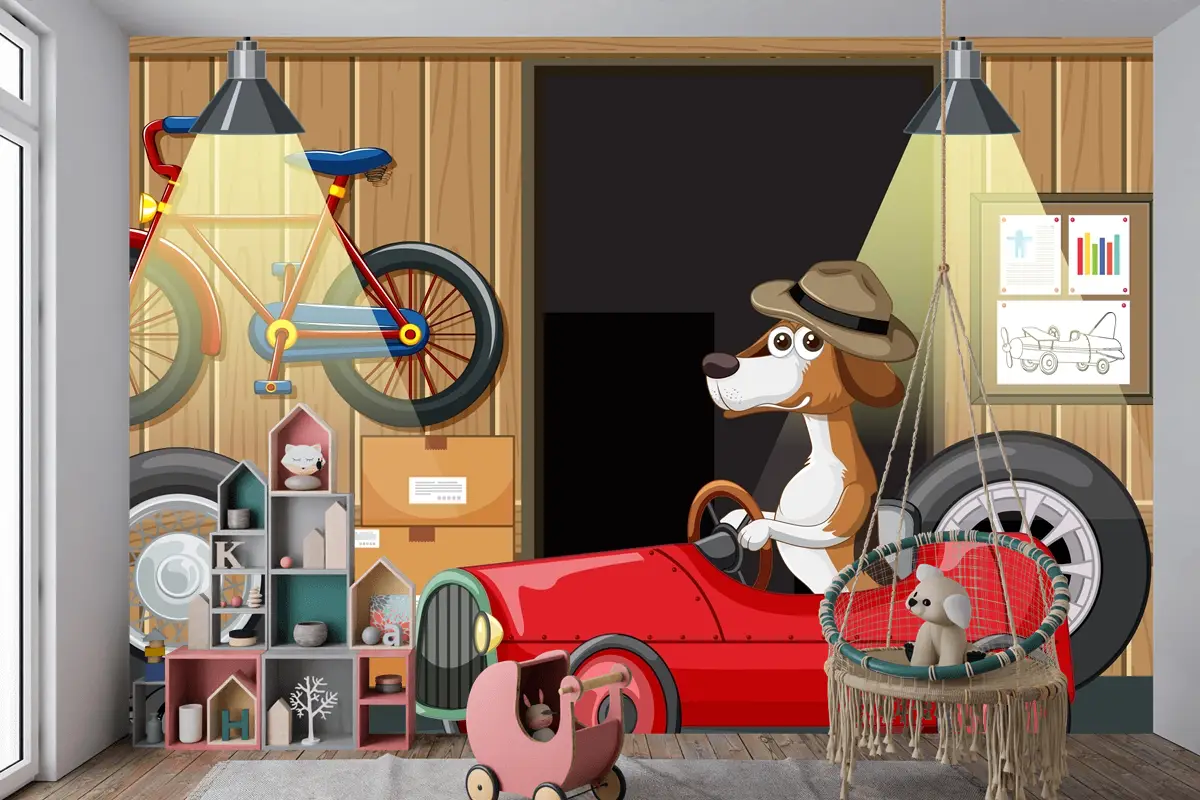 Garajda Arabayı Süren Köpek Çocuk Odası Duvar Kağıdı