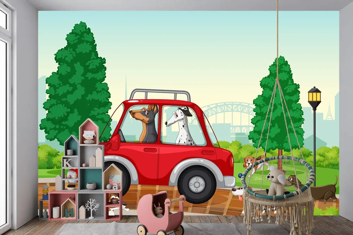 Parkta Araba Süren Ve Koşan Köpekler Çocuk Odası Duvar Kağıdı