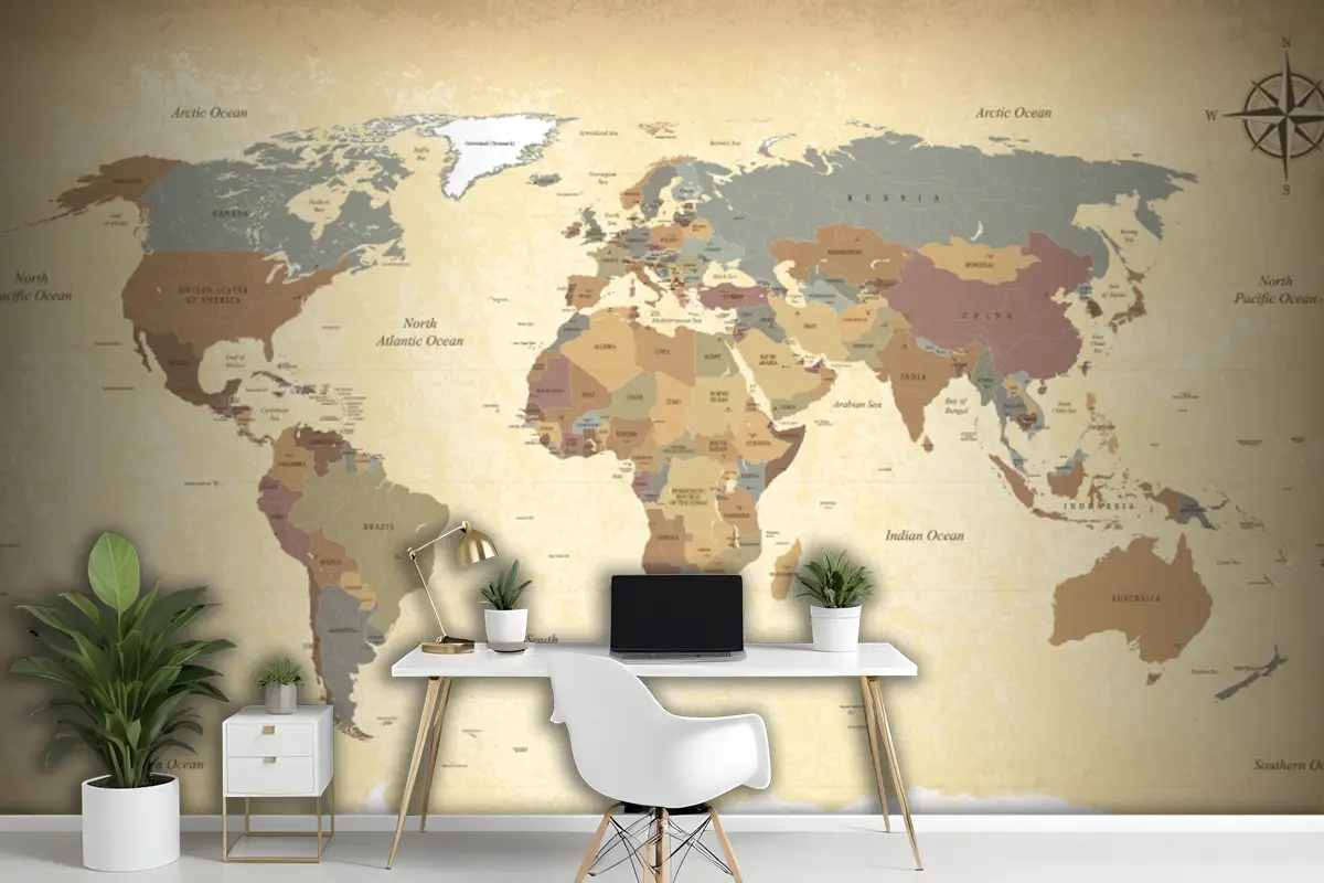 Dokulu Vintage Dünya Haritası Duvar Kağıdı