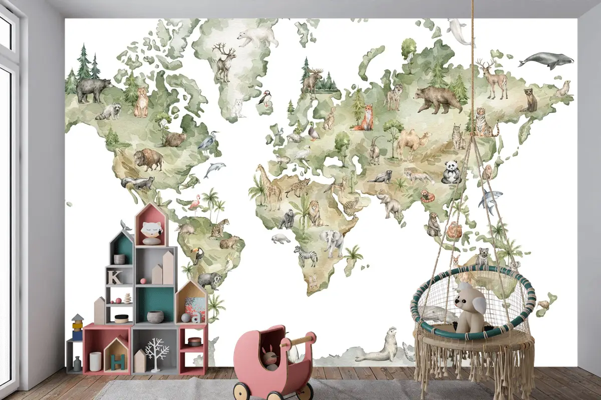 Dünya Haritası ve Dünya Hayvanları Temalı Çocuk Odası Duvar Kağıdı