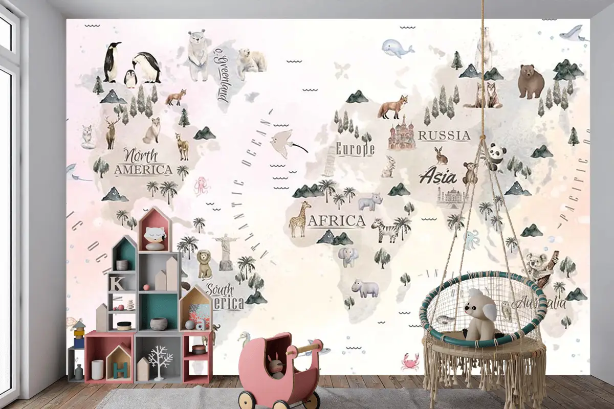 Dünya Üzerinde Sevimli Hayvanlar Çocuk Odası Duvar Kağıdı