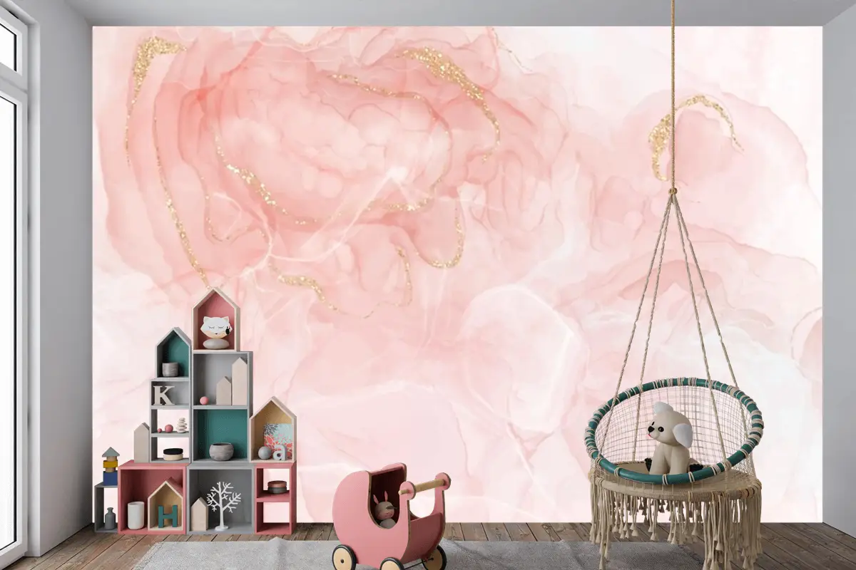 Altın Parıltılı Çocuk Odası Duvar Kağıdı  Ile Zarif El Boyalı Alkol Mürekkep Arka Planı