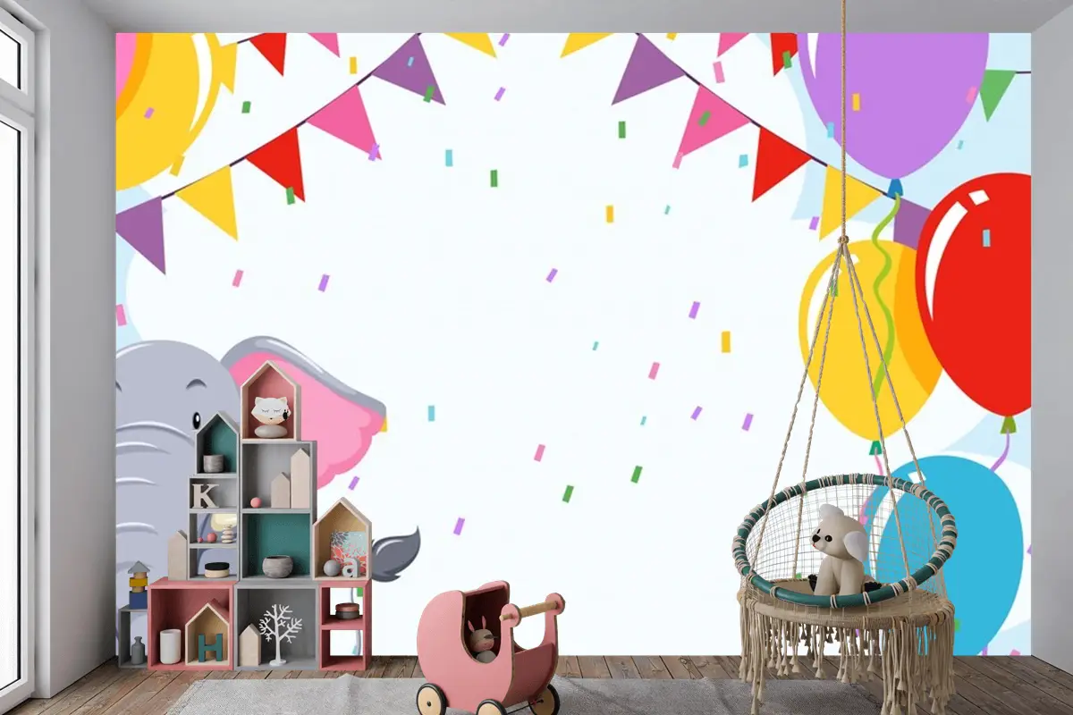 Doğum Günü Şablonunda Fil Çocuk Odası Duvar Kağıdı 