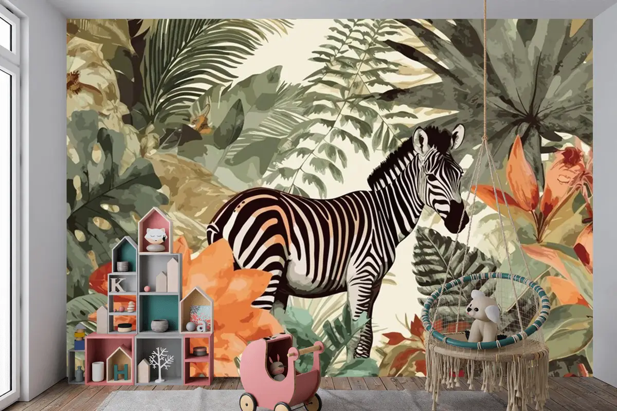 Egzotik Zebra Masalları Sanatsal Vintage Orman Kolaj Desen Sorunsuz Çocuk Odası Duvar Kağıdı