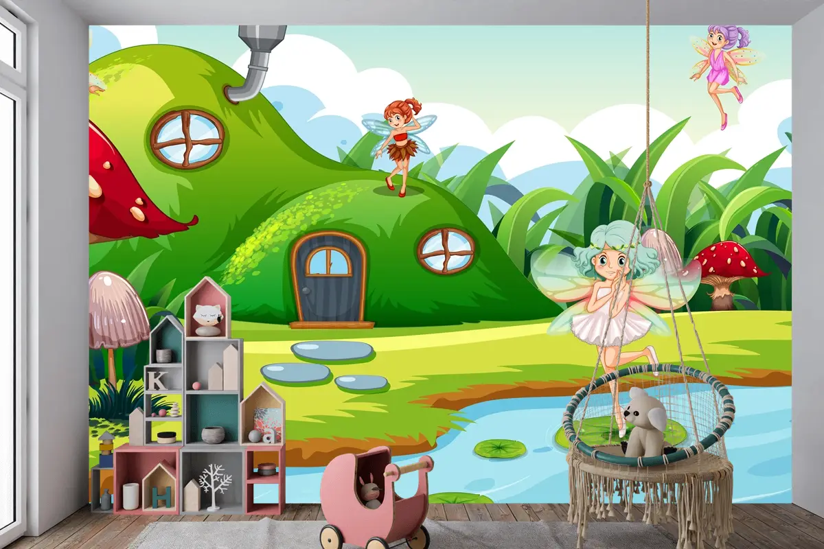 Yeşil Sahnede Fantezi Periler Çocuk Odası Duvar Kağıdı