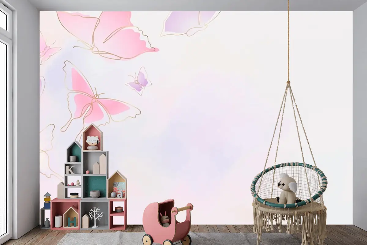 Kadınsı Kelebek Arka Plan Pembe Sınır Çocuk Odası Duvar Kağıdı