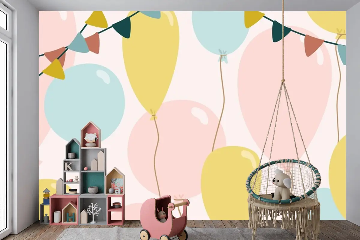 Mavi Pembe Ve Sarı Balonlu Şenlikli Arka Plan Çocuk Odası Duvar Kağıdı