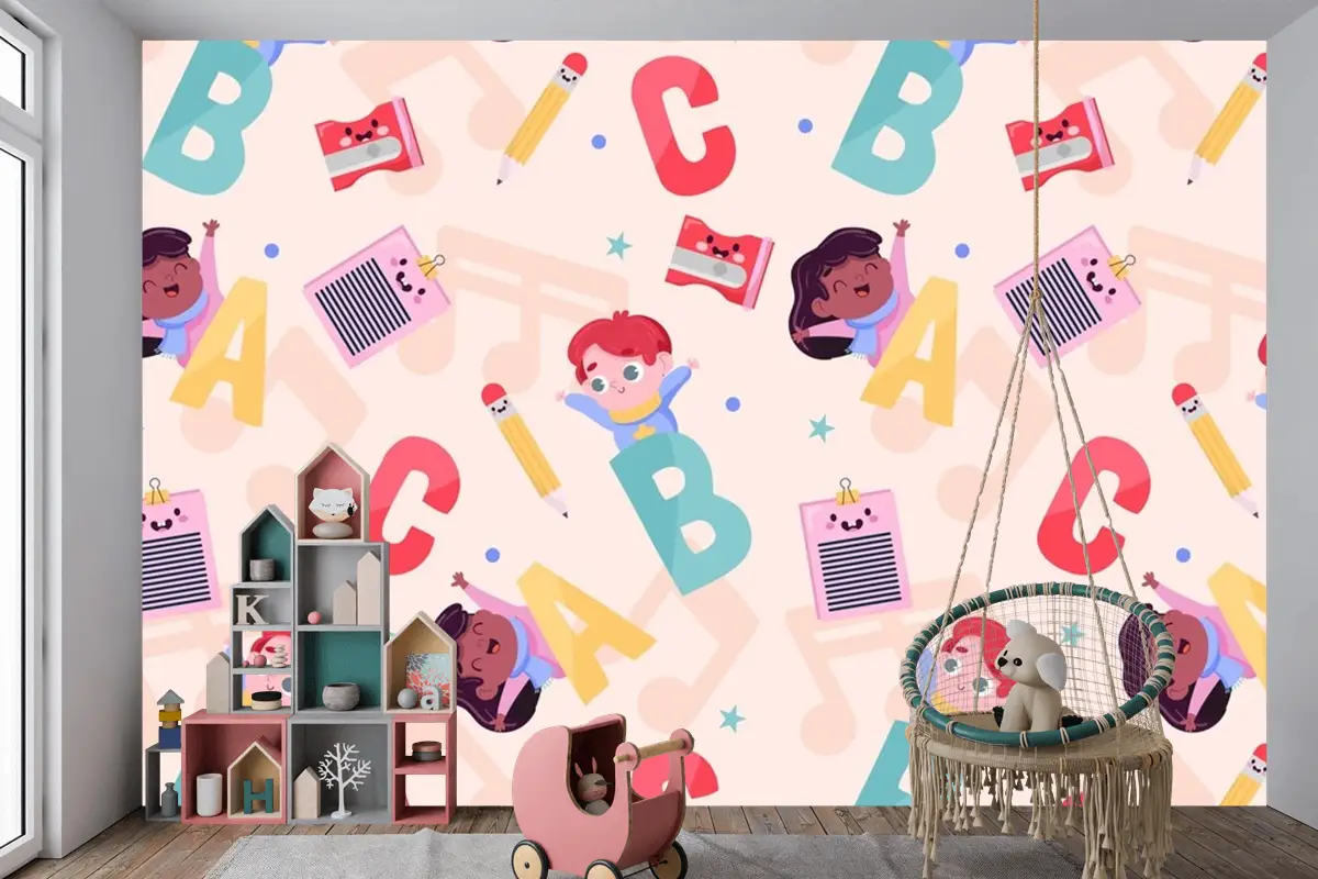 Düz Okula Dönüş Desen Tasarımı Çocuk Odası Duvar Kağıdı