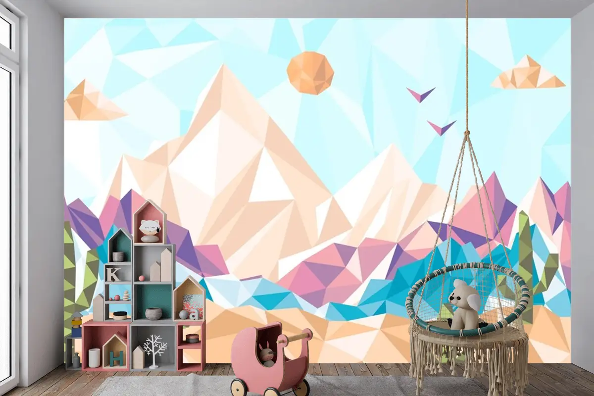 Düz Tasarım Düşük Poli Manzara Çocuk Odası Duvar Kağıdı 