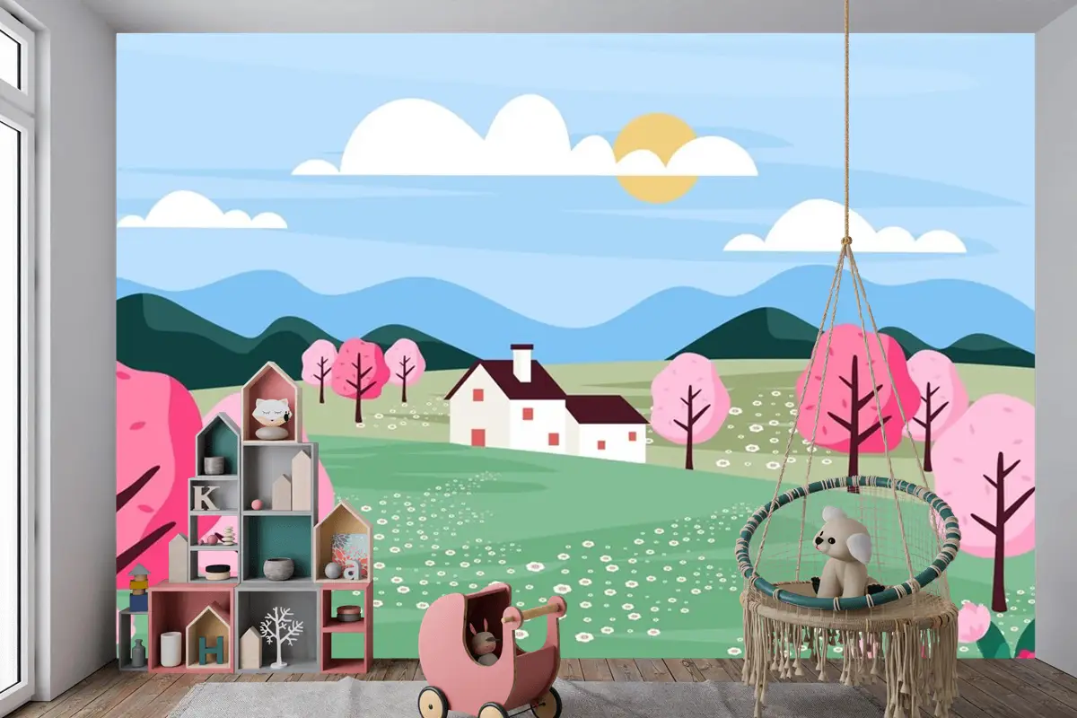 Düz Tasarım Bahar Manzara Çocuk Odası Duvar Kağıdı 