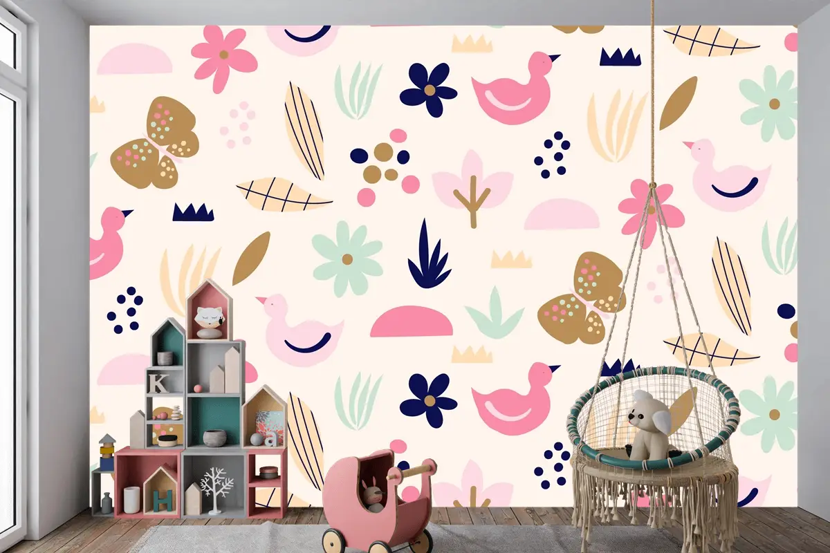 Düz İskandinav Tasarım Desenli Çocuk Odası Duvar Kağıdı 